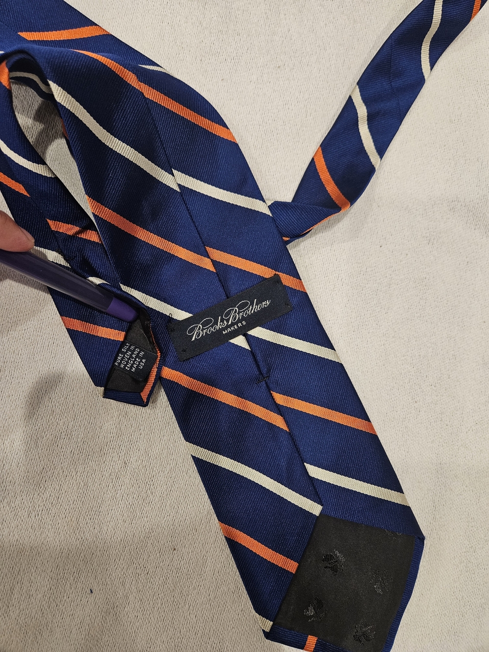 Brooks Brothers Makers Line Navy Silk Orange/ Cream Striped Tie Made In Usa - Picture 2 of 4